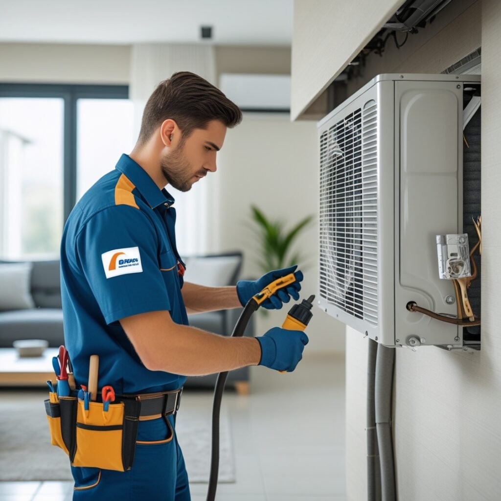 AC Repair & Installation Certified technician performing AC repair and installation service in Delhi NCR – Split AC maintenance with professional tools